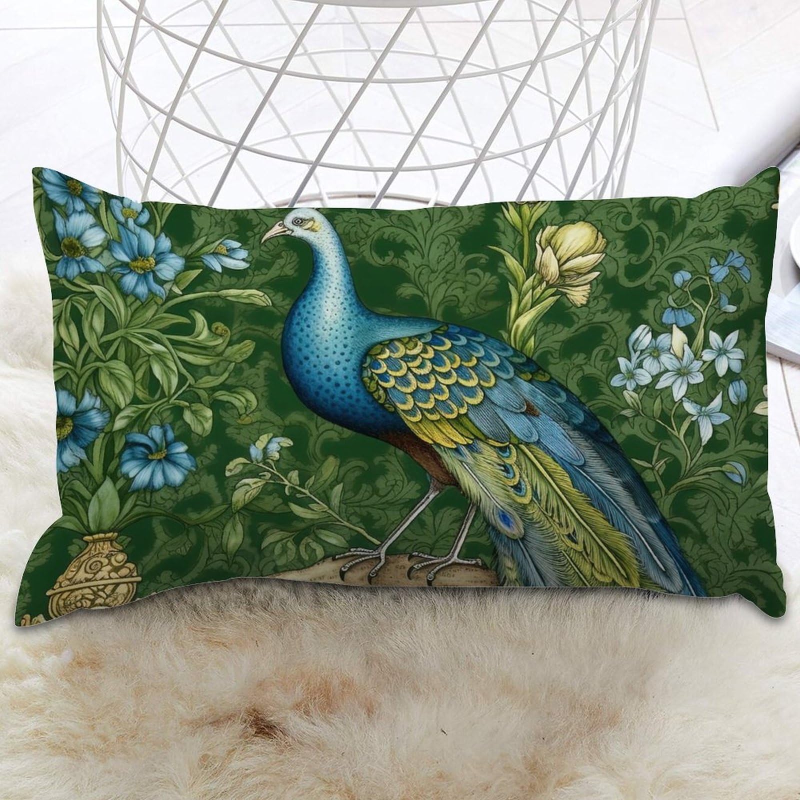 Lumbar Support Pillow Case Aqua And Green Chinoiserie Cushion Cover Green Peacock Animal Asian Pillowcase Farmhouse Outdoor Garden Decoration For Couch Bedroom Car Sofa 12x16 IN