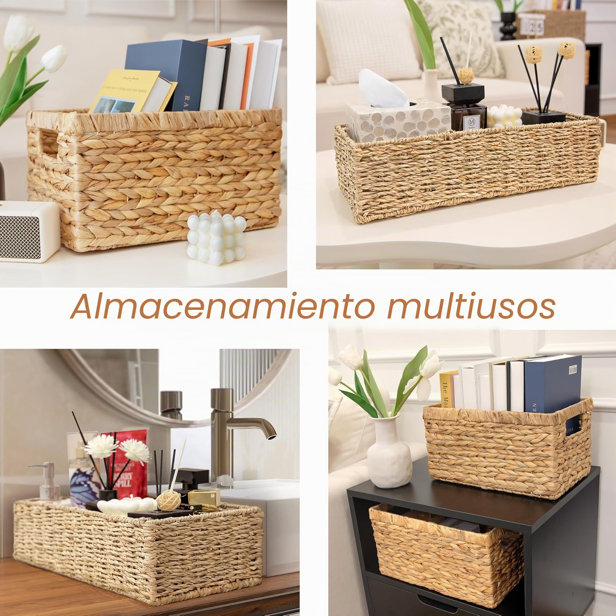 HOMESTEAD Cestas de almacenamiento de hierba marina, cestas de mimbre rectangulares largas y estrechas para dormitorio, sala de estar, baño, estantes, juego de 2
