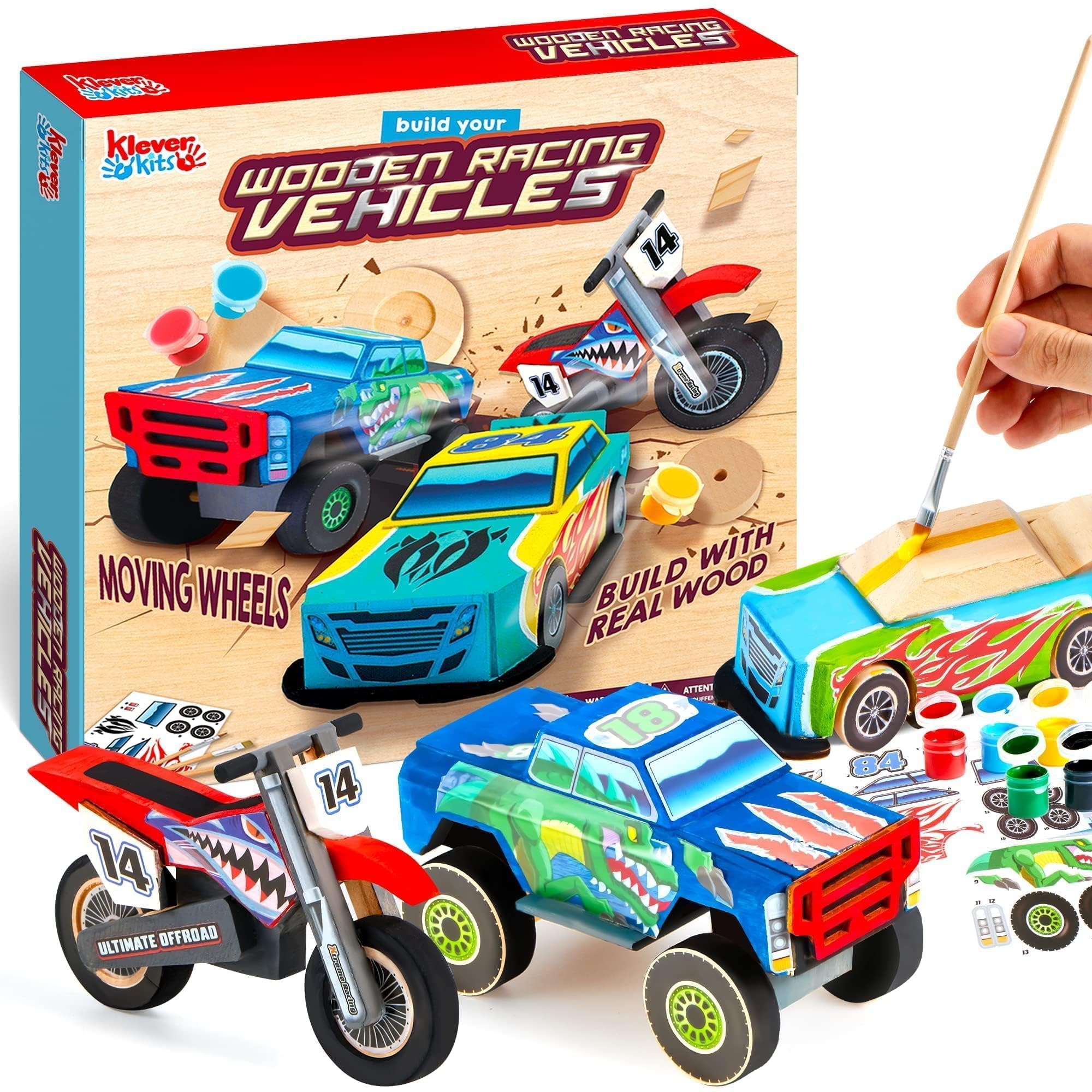JOYIN Klever Kits Kids Craft Kit Build & Paint Your Own Wooden Race Car Art & Craft Kit DIY Toy Make Your Own Car Truck Toy Construct and Paint Craft Kit