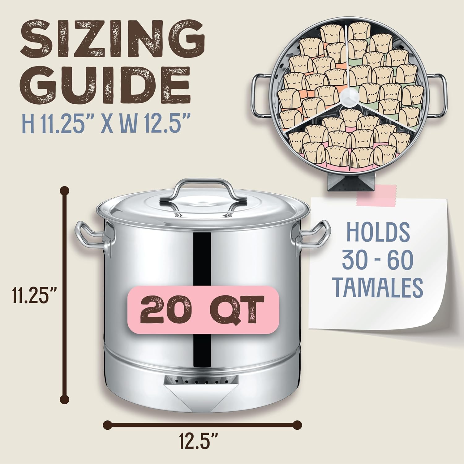 Concord Stainless Steel Tamales Steamer Pot. Mi Abuela Series with Exterior Water Refill Spout, Divider, and Removable Steamer Rack (20 Quart)