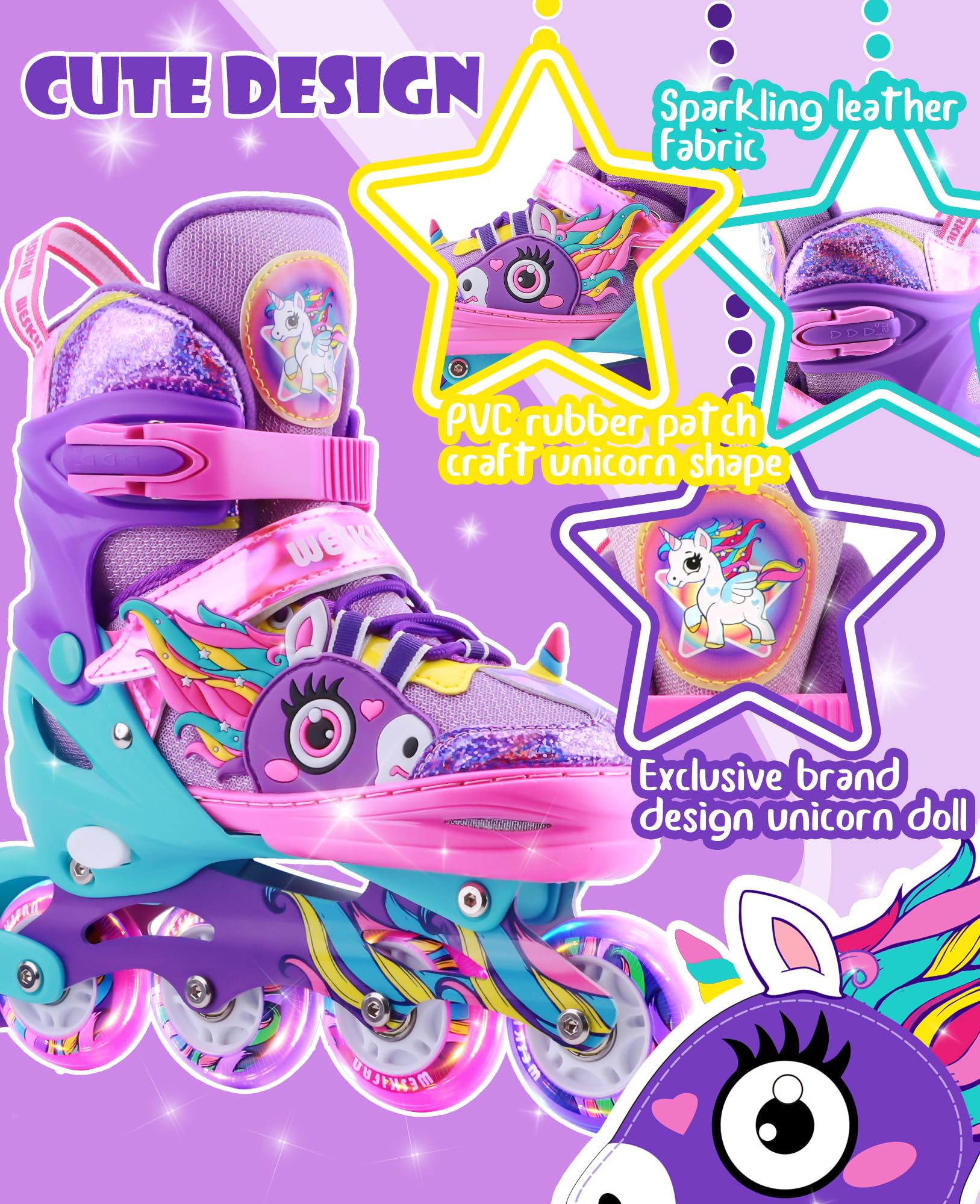 Pattini in linea con unicorno, per bambini, regolabili, per bambini, con ruote luminose, per bambini, per adolescenti, principianti, regali di compleanno e Natale