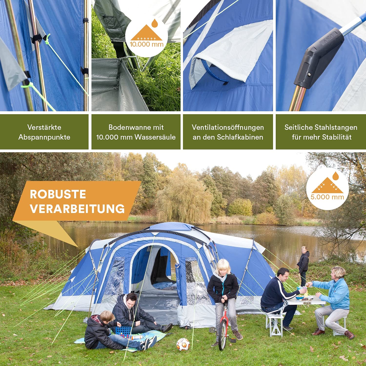 SKANDIKA Nimbus 8 Tente de Camping Tunnel familiale pour 8 Personnes Bleu 615 x 605 cm