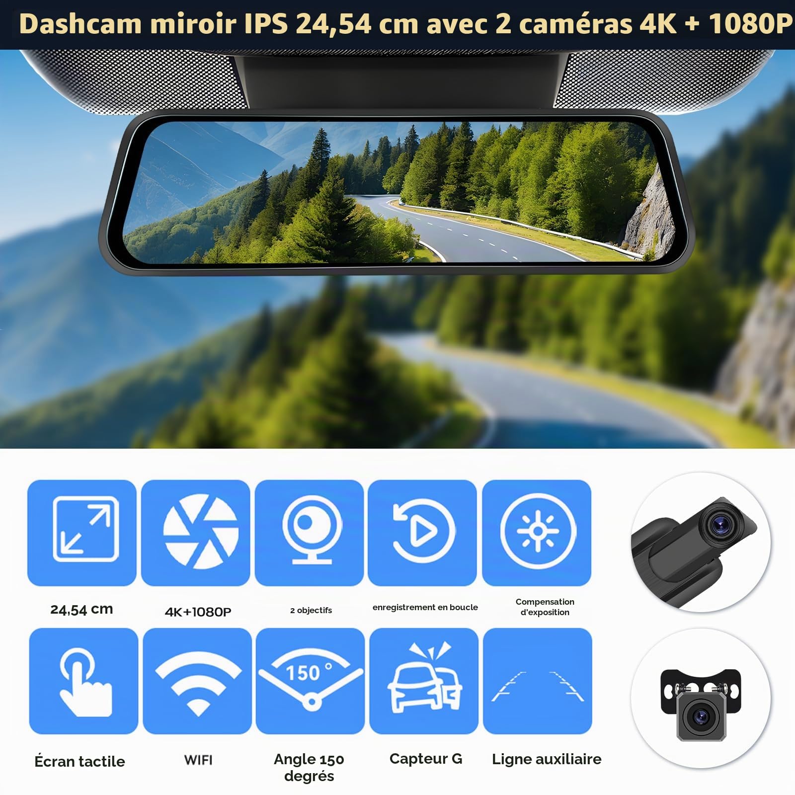 CAMECHO 4K Retrovisor 9. 66 Pouces Mirror Dash CAM Coche Con Cámara 1080P, Delantera 150° y Trasera Dashcam 120° Con ADAS y BSD Línea Inversa, Visión Nocturna, Sensor G, GPS y WiFi