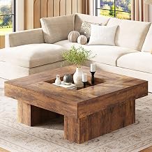 LVB 39"x39" Large Square Rustic Brown Wood Coffee Table for Living Room | Modern Low Wide Led Center Table with Storage, Farmhouse Unique Tea Table with LED Light for bedroom Home Office