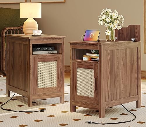 Miniatura 9 de Huuger Mesita de noche estrecha, mesa auxiliar con estación de carga, puerto USB-C, mesa auxiliar de ratán con gabinete y estante abierto, ratán