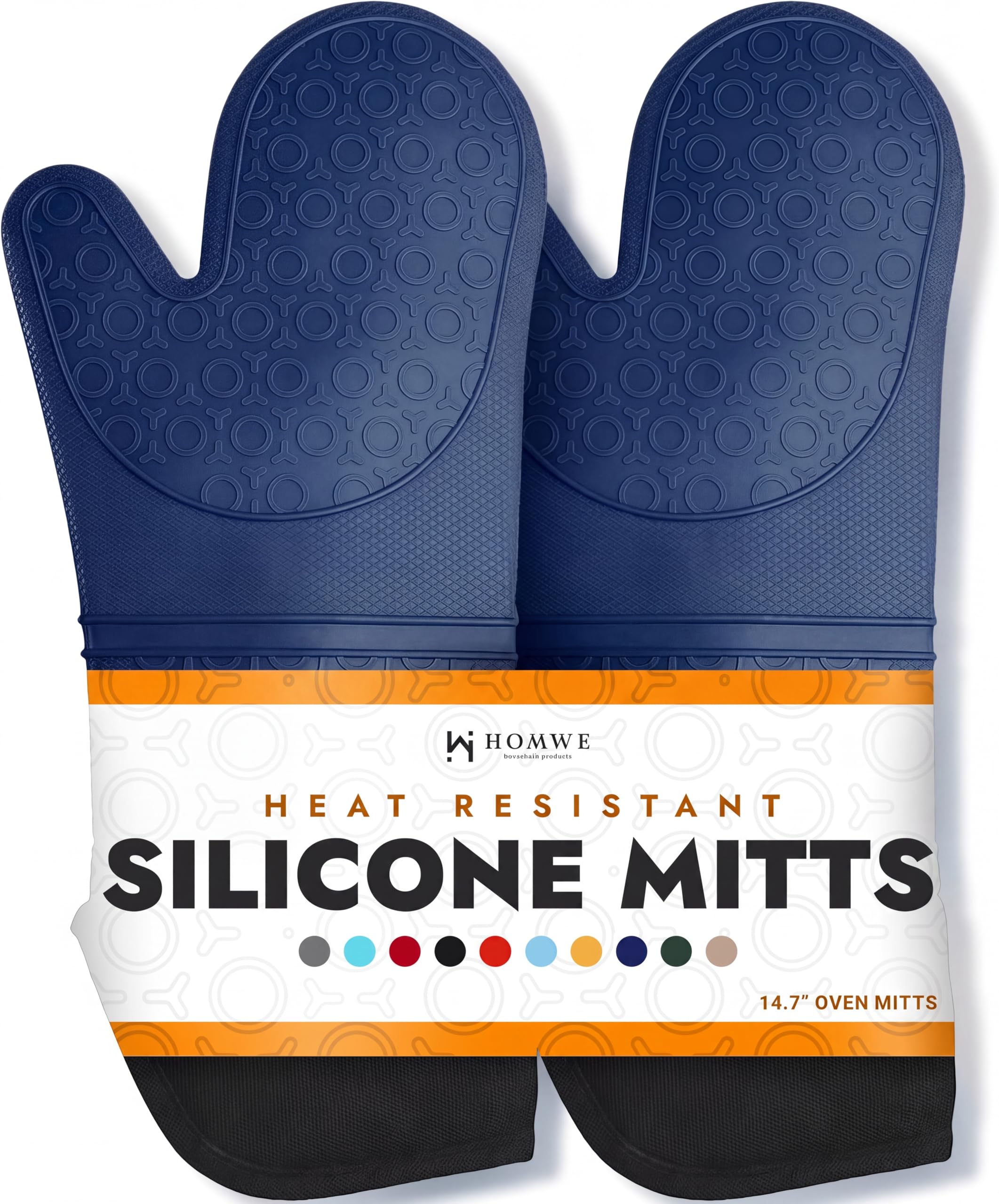 HOMWE Guanto da forno professionale extra lungo in silicone, guanti da forno con fodera trapuntata, presine resistenti al calore, guanti da forno flessibili, blu navy, 1 paio, 37 cm