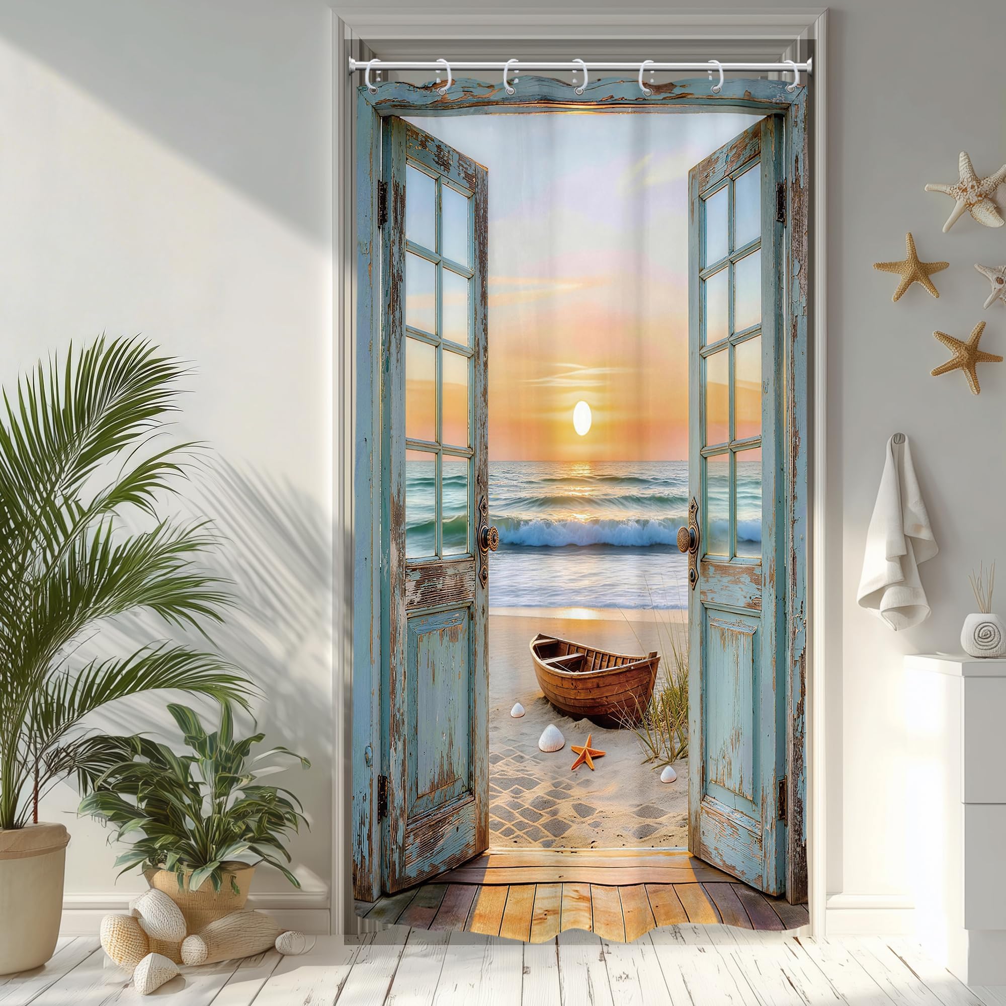 Riyidecor Small Stall Beach Ocean Shower Curtain 36Wx72H Inch Blue Rustic Seaside Barn Door Sea Scenery Sunset Sandbeach Wood Hawaii Landscape Bathroom Decor Fabric Polyester Waterproof 7 Pack Hooks