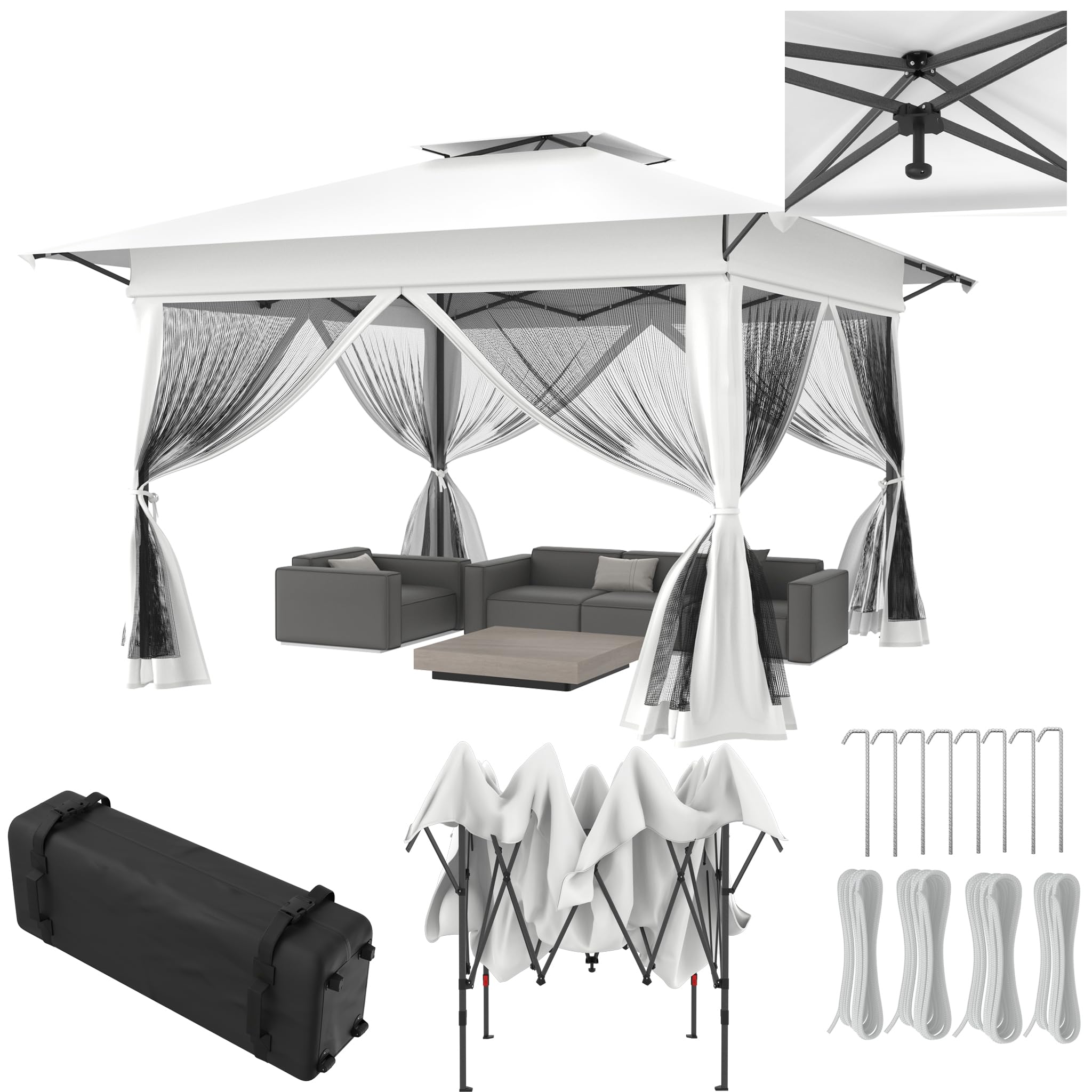 YEATHOR Pop Up Gazebo, 4 x 4 m Folding Garden Gazebo with Double Roof and Mesh Netting Mosquito and UV Protection Height Adjustable, Sturdy Garden Tent with Carry Bag, White