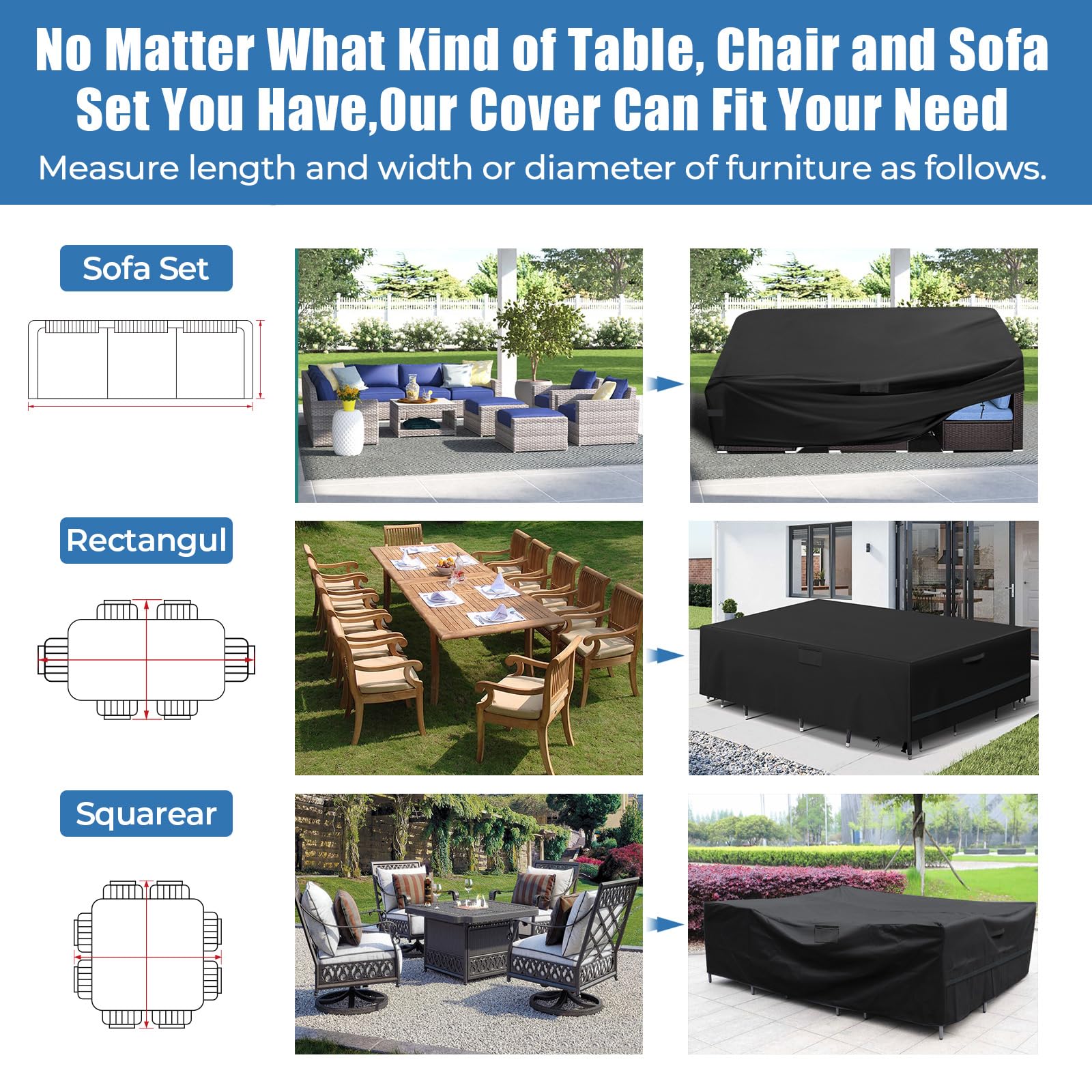 Cubiertas para muebles de jardín, 280x204x106 cm, grande, para exteriores, 600D, tela Oxford, resistente al agua, resistente al viento, y anti-UV para silla y sofá de mesa, color negro