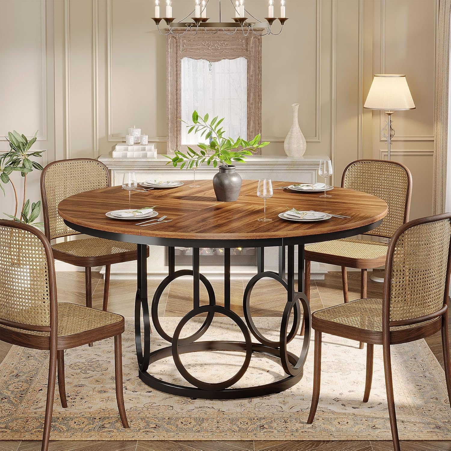 Lailang 120cm Mesa Comedor, Mesa Cocina Redonda, Mesa de Jantar Redonda, Muebles Rusticos, Mesa Redonda para 4 Personas, Mesa Comedor 120, 120 x 120 x 75 cm, Brown & Black