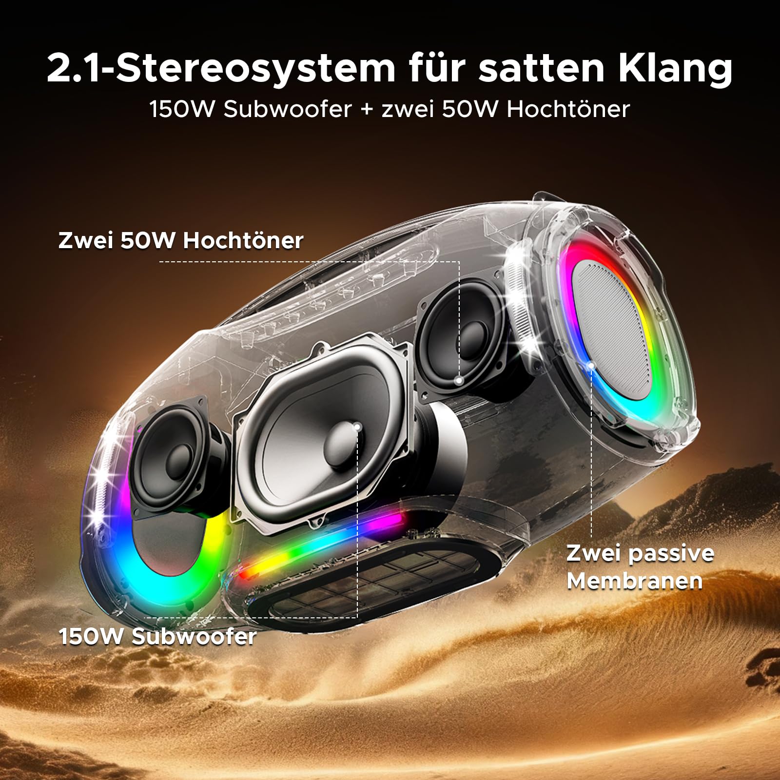 Wild Boom Pro Tragbarer Lautsprecher, 220W Subwoofer und 2+1 Stereoklang, IP55 Wasserdicht und stoßfest, 14 Std Akku, Integrierte Powerbank+Mikrofon, USB/TF-Karte/AUX mit Tragegriff, Schwarz