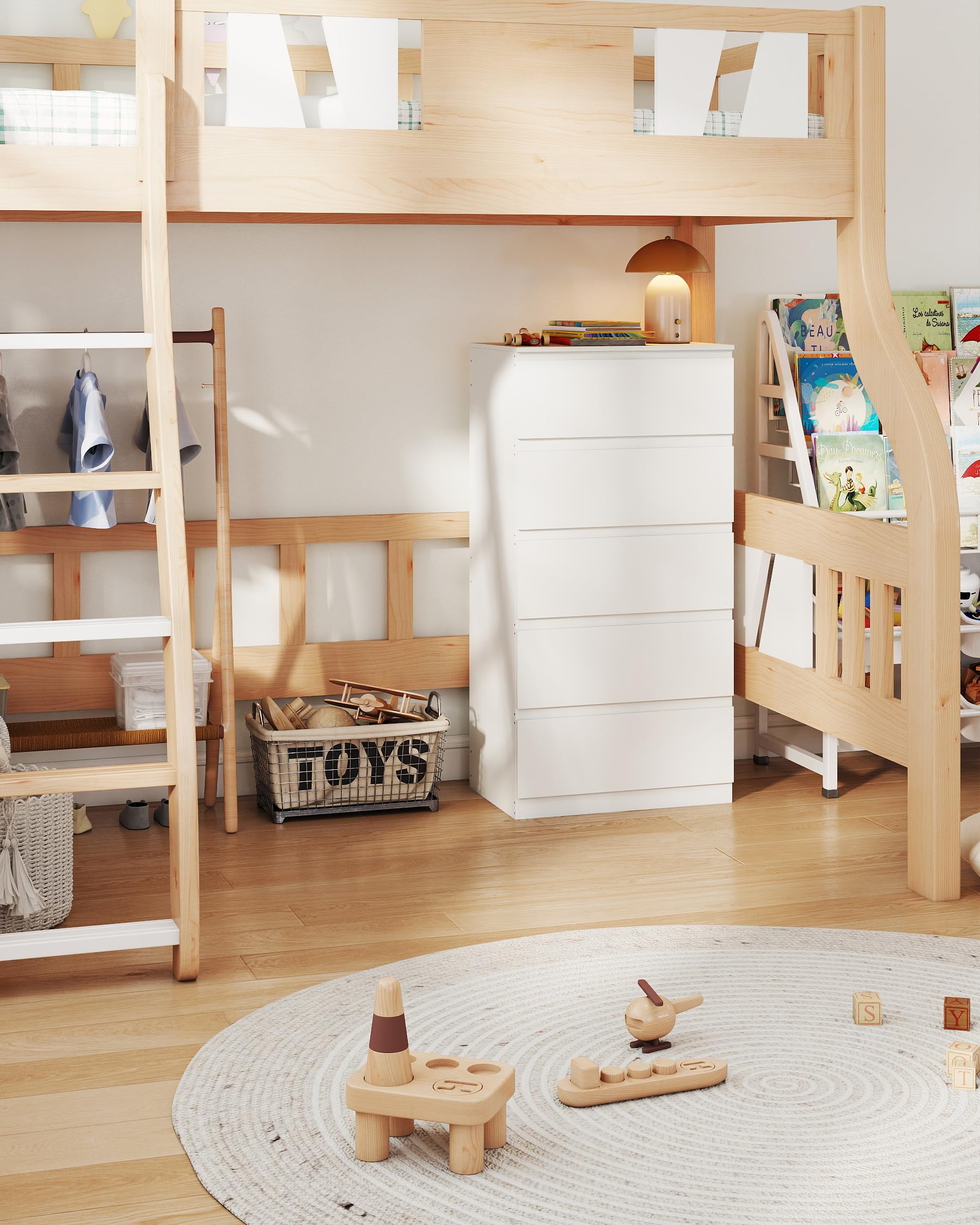 Cómoda blanca con 5 cajones, diseño sencillo, mucho espacio de almacenamiento para salón, dormitorio y estudio