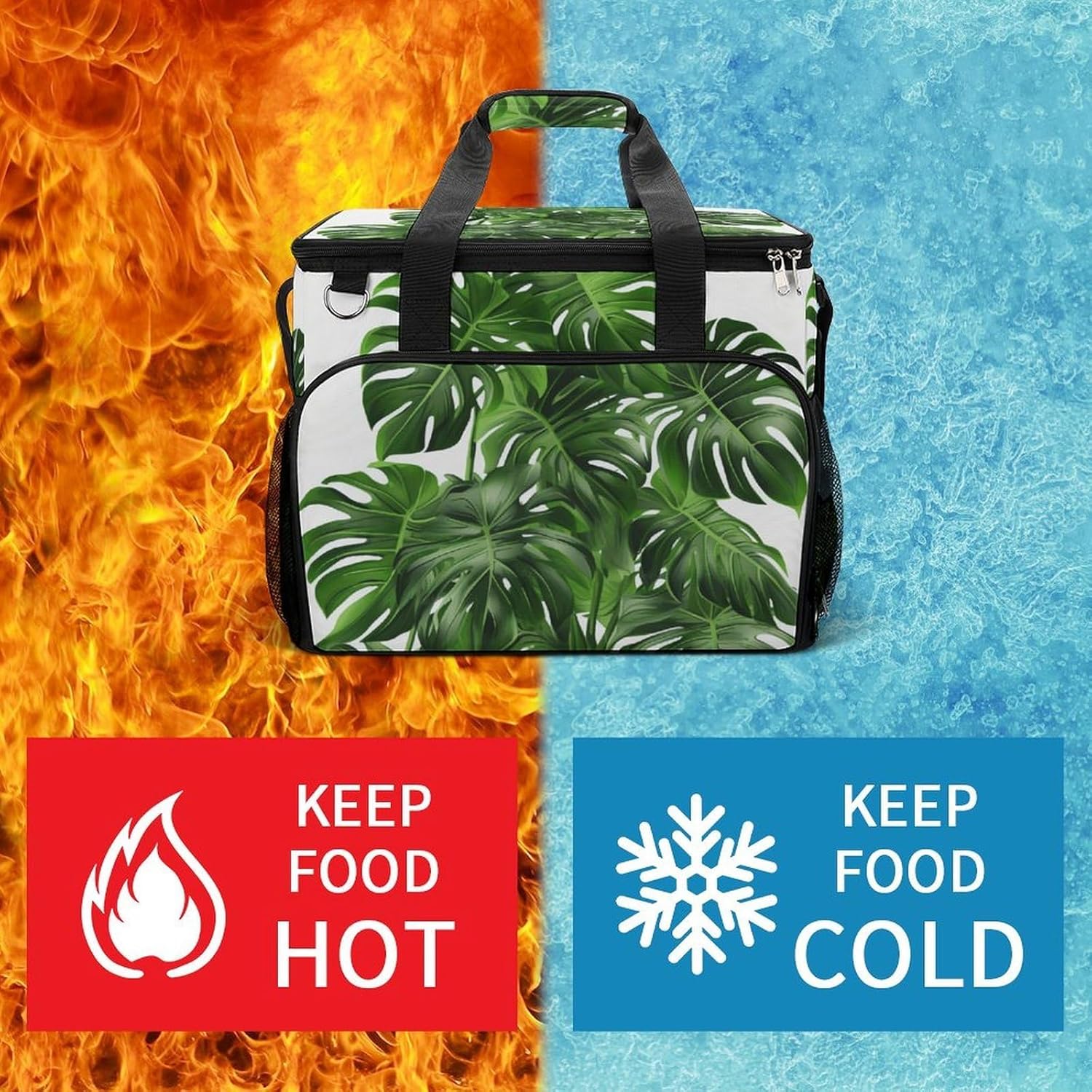 Large Capacity Oxford Cloth Monstera Deliciosa Banana Palm Printed Camping Ice Bag, Outdoor Portable Insulation and Cooling Bag, Suitable for Outdoor Camping and Picnics