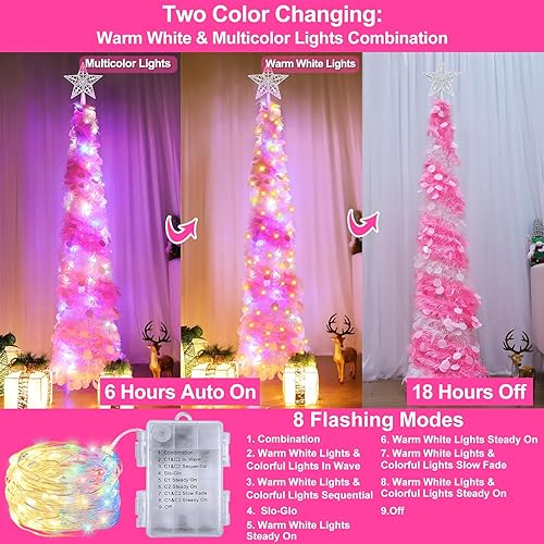 Miniatura 9 de Lápiz preiluminado de 5 pies con temporizador para decoración de árbol de Navidad, 50 luces cálidas, lentejuelas de estrellas, funciona con pilas,