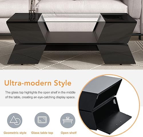 Miniatura 6 de ON-Trend - Mesa de centro moderna y brillante con cajón, mesa central rectangular de 2 niveles con iluminación LED de 16 colores para sala de estar,