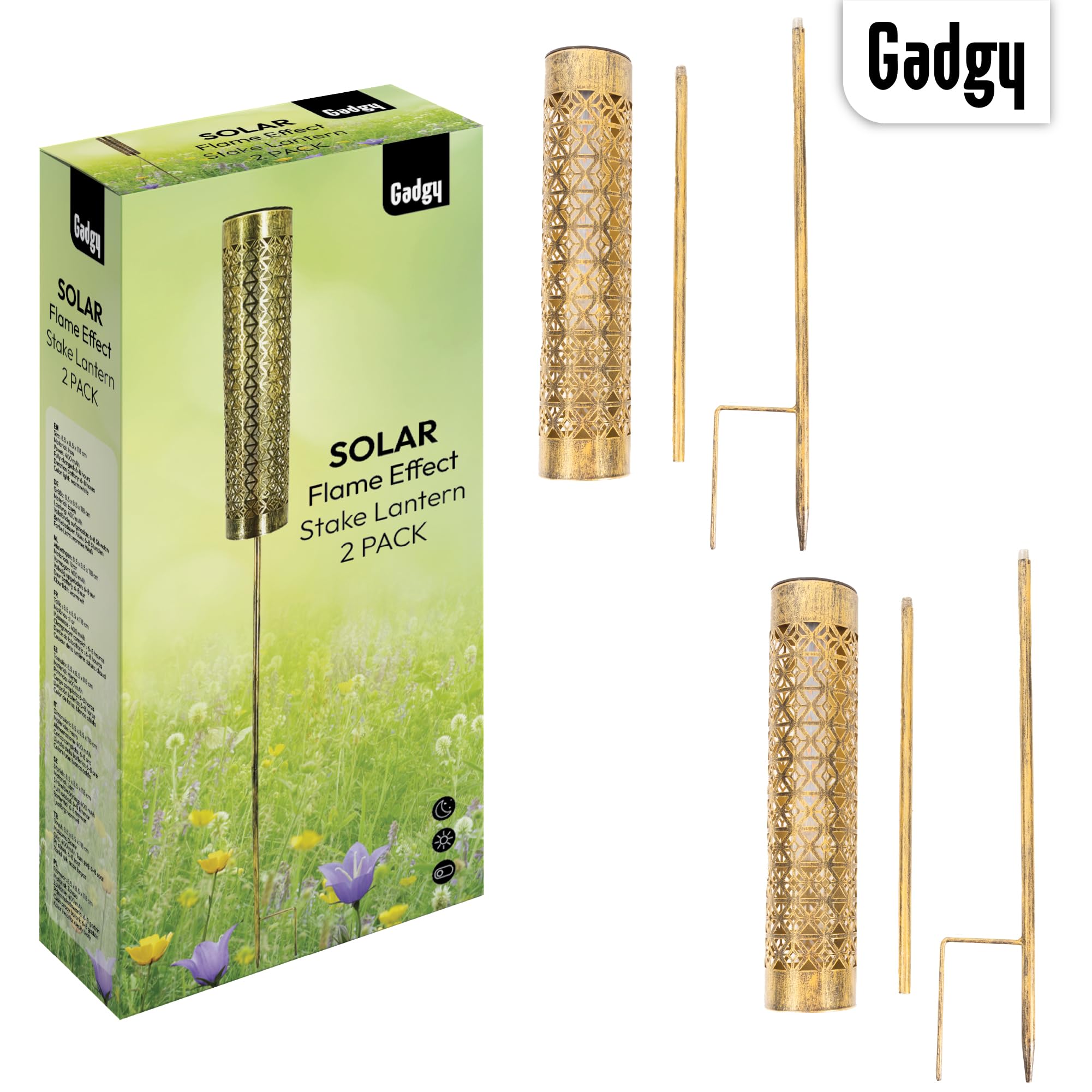 Gadgy Antorchas Solares LED con Efecto Llama en Movimiento – Set de 2 Luces Solares de Jardín de Metal – Iluminación Solar para Exterior, Jardín, Terraza o Balcón