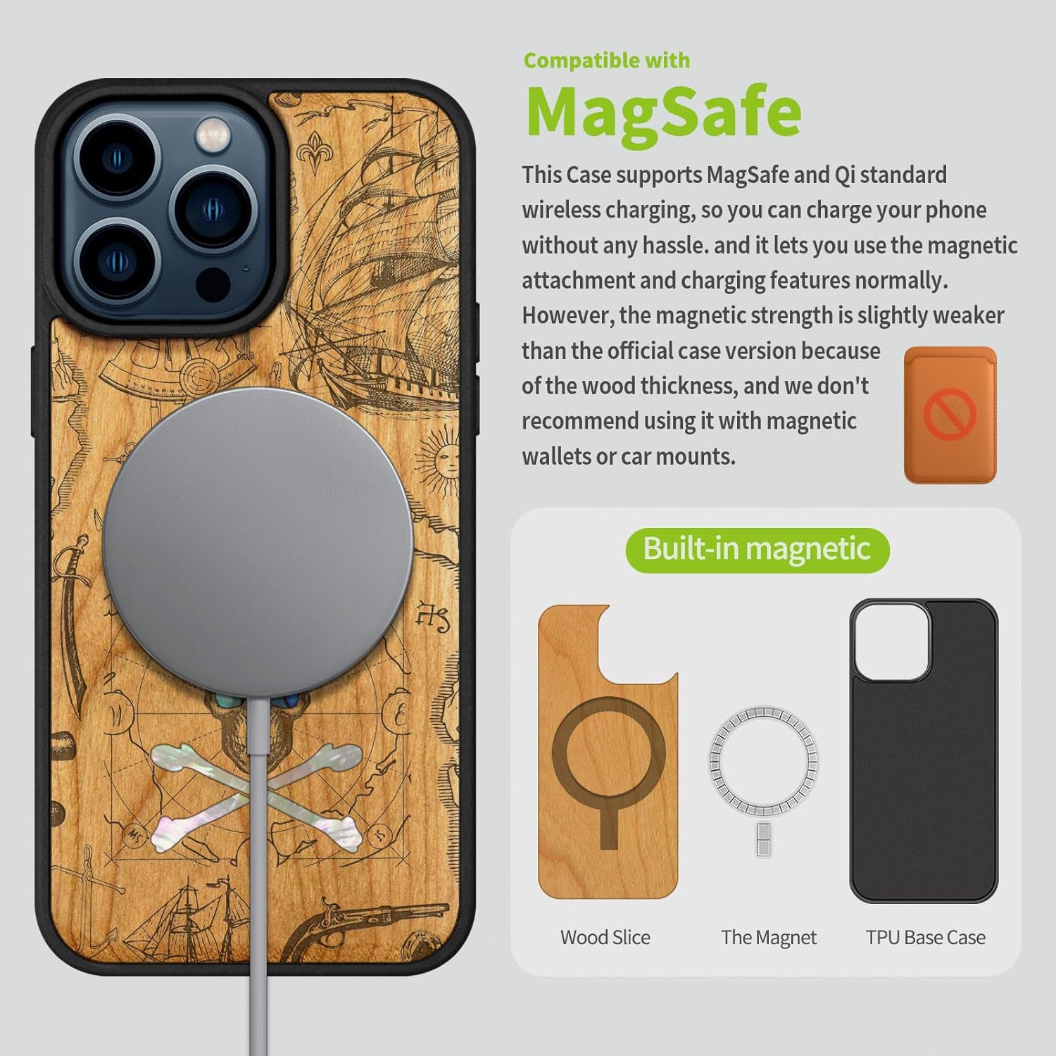 Carveit Wooden Case for iPhone 15 Pro Max Magnetic Case, Compatible with MagSafe Wireless Chargers, Shockproof Cover, Handmade Shell Inlaid & Wood Artisan Engraved (Pirate Skull) Cherry