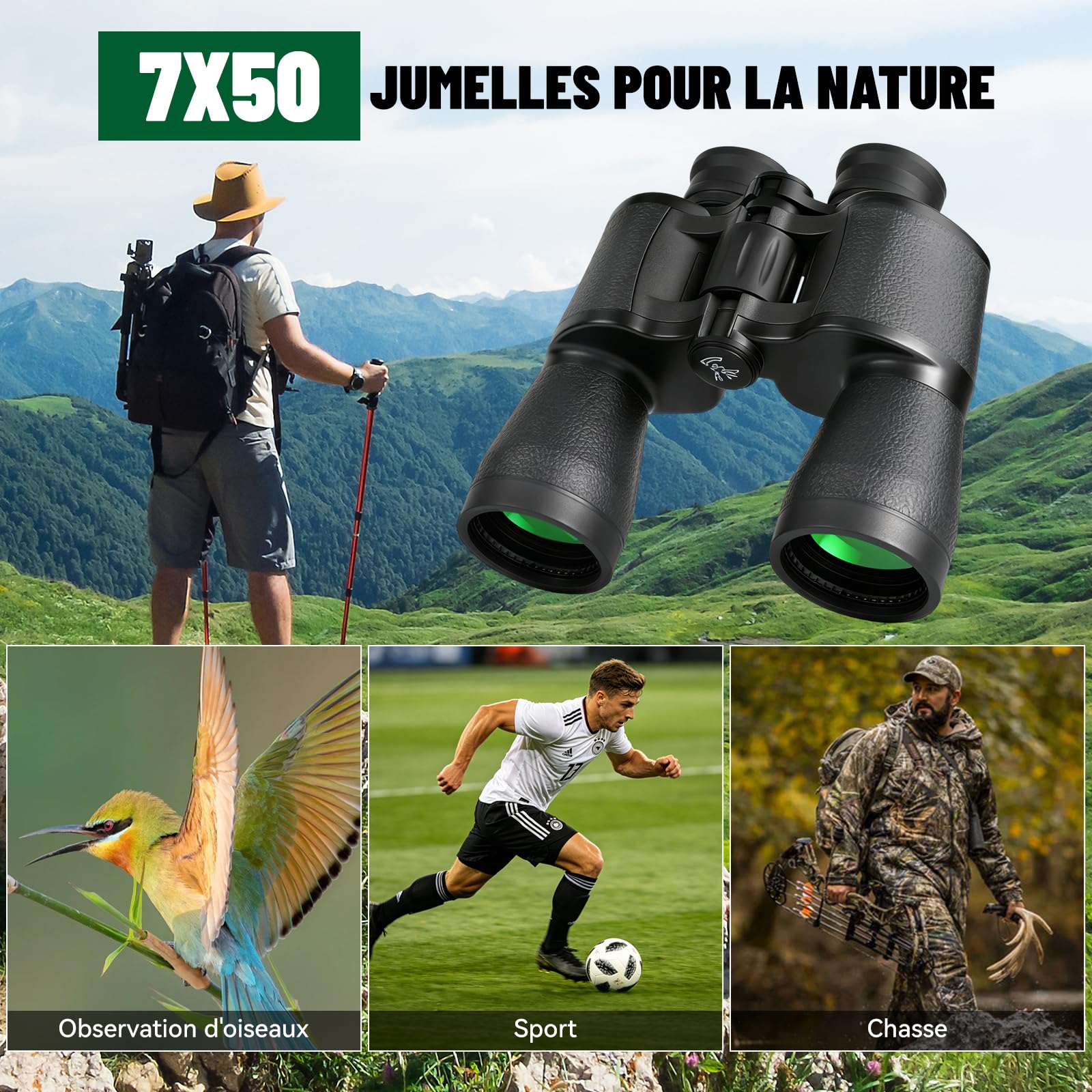 7x50 Jumelles Adultes Portable pour Observation des Oiseaux | Jumelles compactes avec Sac de Transport ,HD MC Lentille Porro Prism Bk7 pour Sports de Plein air et Aux Concerts