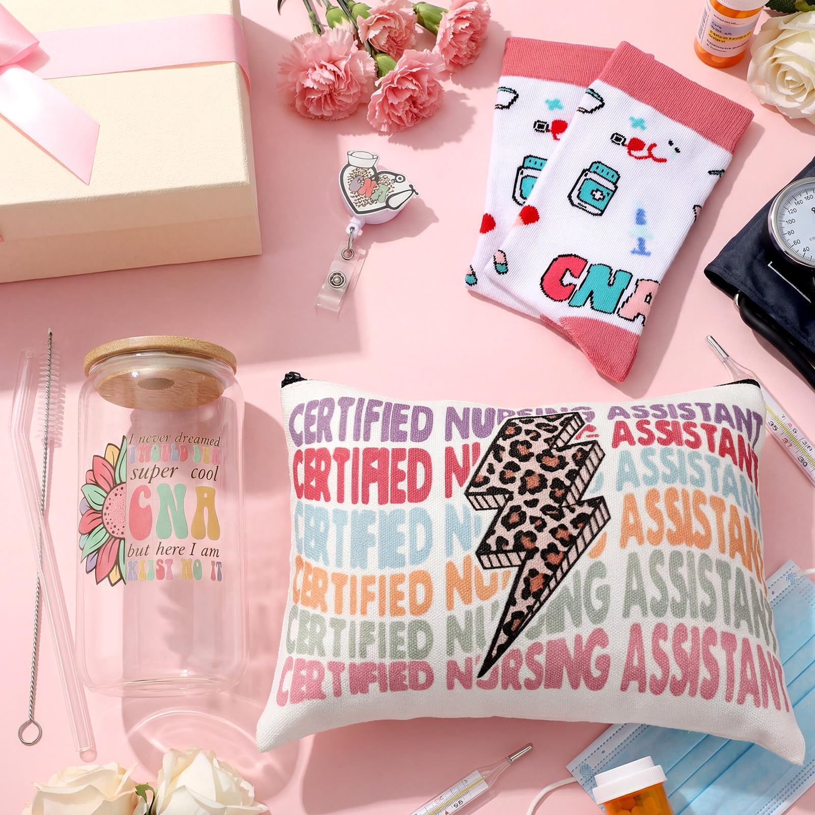 Skylety 5 Pcs CNA Gifts for Women Certified Nursing Assistant Gift 16 oz Glass Cup Socks Cosmetic Bag Badge Reel CNA Week Appreciation Gifts Box for Nursing Student Graduation Retirement Birthday