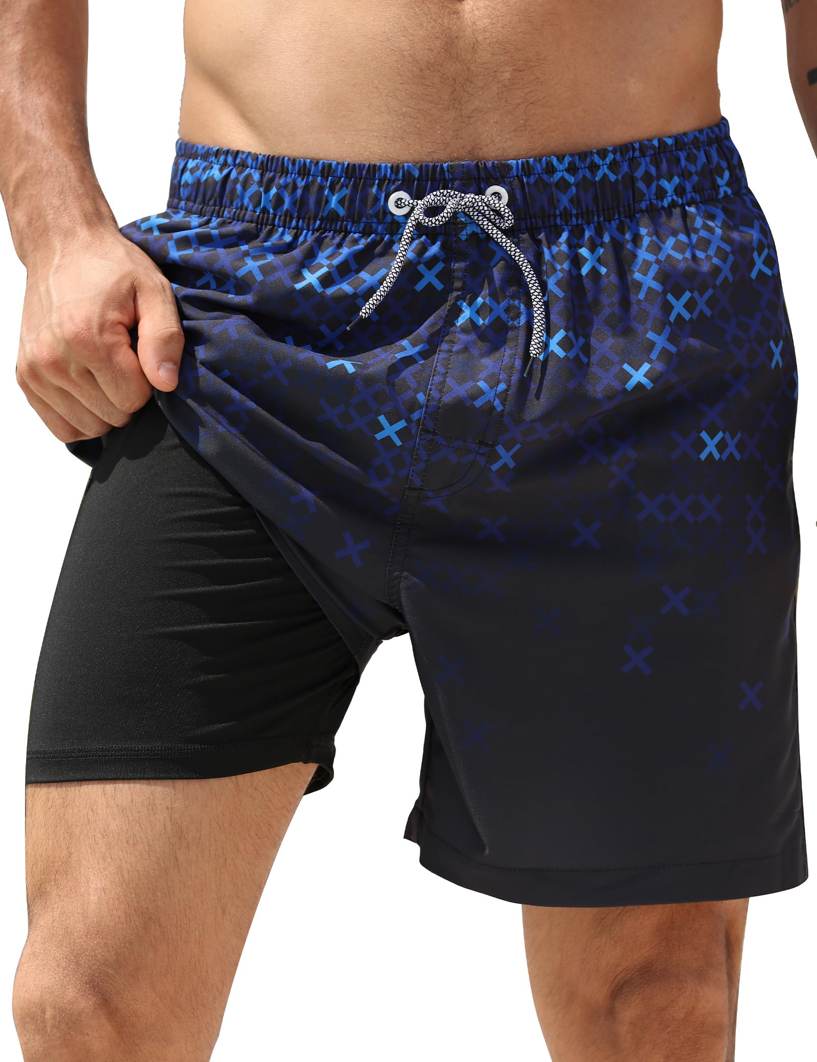 APTRO Mens Swim Trunks with Compression Liner 2 in 1 Swim Shorts 5 inch Inseam Quick Dry Bathing Suit with Zipper Pockets