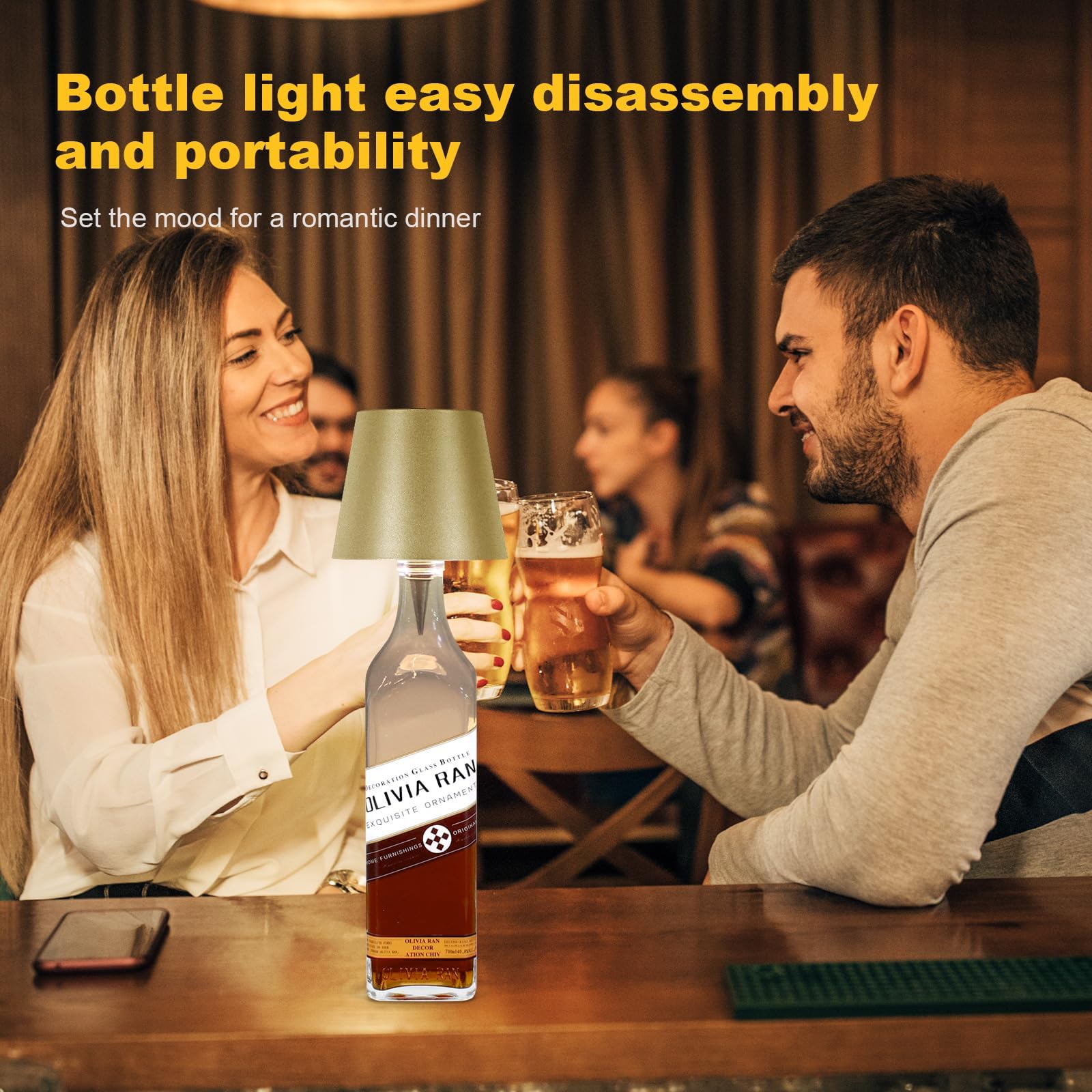 Lámpara inalámbrica para colocar sobre botella, 3 colores, recargable, para botella de vino, iluminación para bares y restaurantes, color oro (Placer Gold), una unidad 6