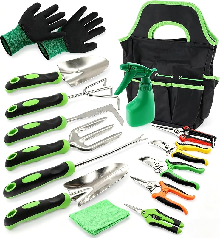 15Pcs Garden Tool Set Heavy Duty Stainless Steel Gardening Hand Tools with 5 Garden Shears Non-Slip Rubber Grip Spade Shovel Organizer Handbag Gardening Gifts for Family Friends
