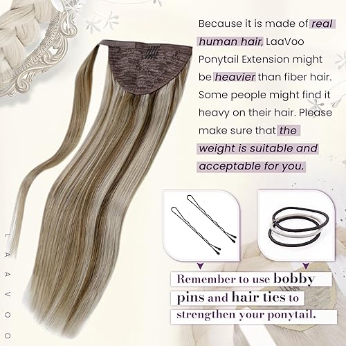 Miniatura 4 de LaaVoo - Extensiones de cabello humano, con clip, 14 pulgadas, mezcla de rubio claro y marrón claro, extensiones de cola de caballo de cabello