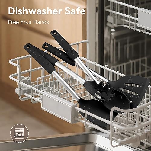 Miniatura 6 de NCUE Juego de utensilios de cocina, 35 piezas de utensilios de cocina de silicona con soporte, con mango de acero inoxidable, cucharas, servidor de