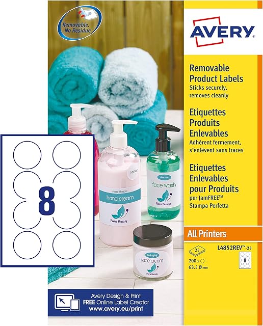 Avery L4852REV Self Adhesive Removable Round Labels, All Printers, 8 Labels Per A4 Sheet, 200 Labels, White