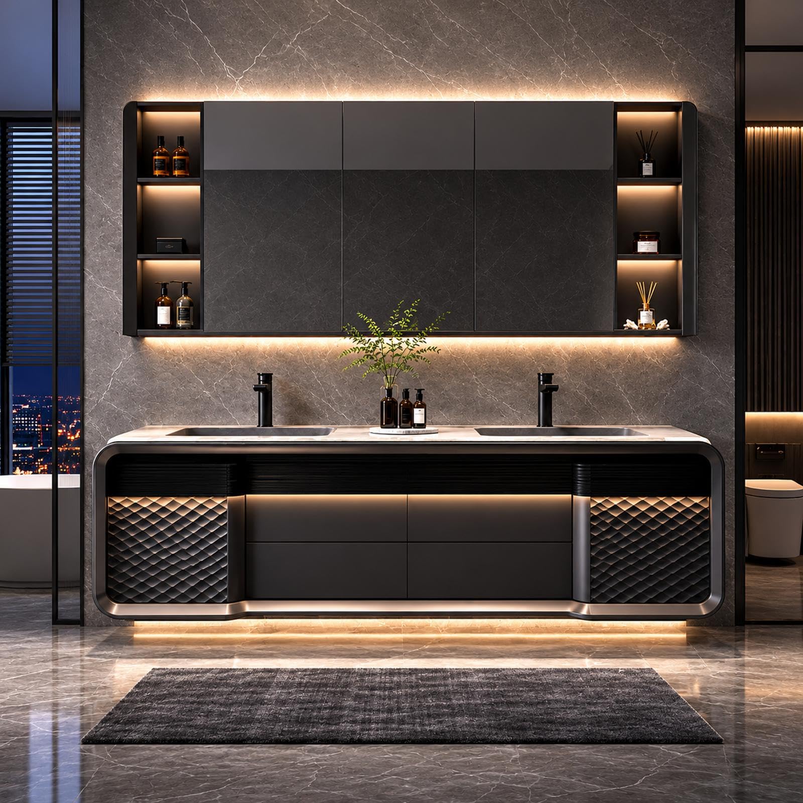 Tocador de baño doble de 60 pulgadas, diseño flotante moderno, espejo de desempañamiento inteligente, amplio almacenamiento, doble fregadero, encimera de piedra fácil de limpiar para baños elegantes