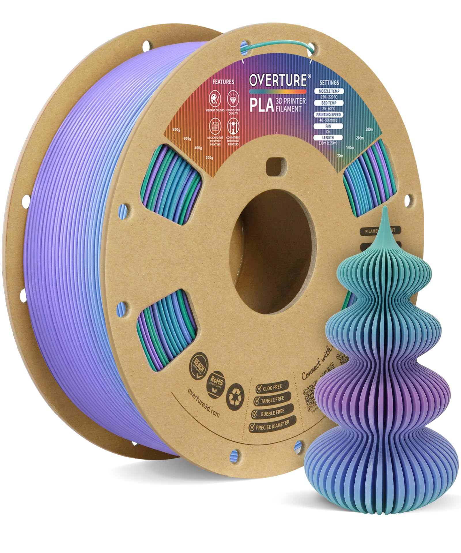 OVERTURE Filamento PLA 1.75mm - Bobina 1kg (2,2lbs) Precisione ±0.02mm, in Cartone Riciclato | Compatibile Stampanti 3D FDM (Northern Lights)