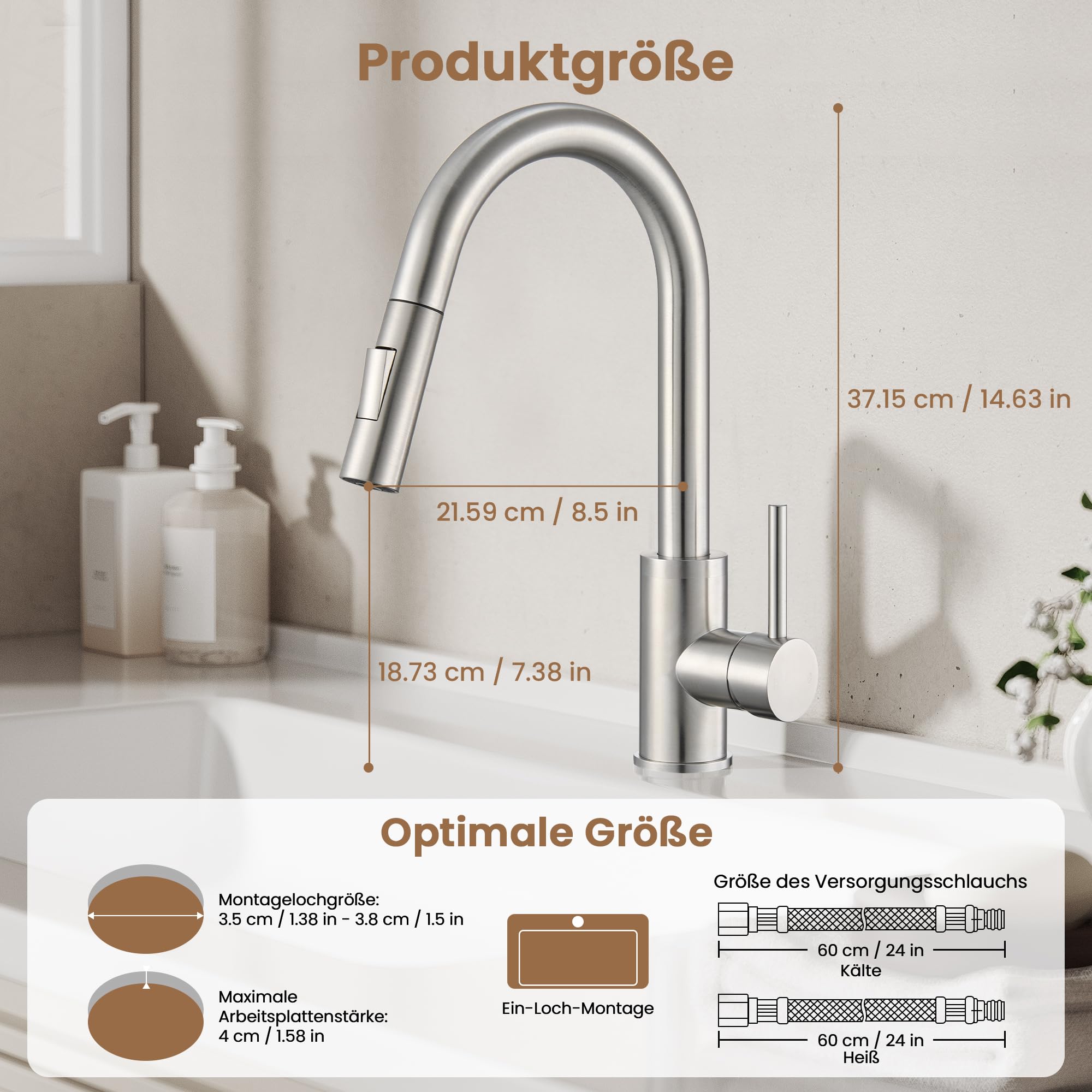 KPW Küchenarmatur Edelstahl Gebürstet Nickel mit Herausziehbarer Brause | Spültischarmatur mit Hohem Auslauf, Einhand-Mischbatterie für Küche, 1-Loch-Montage, inkl. Flexibler Anschlussschläuche