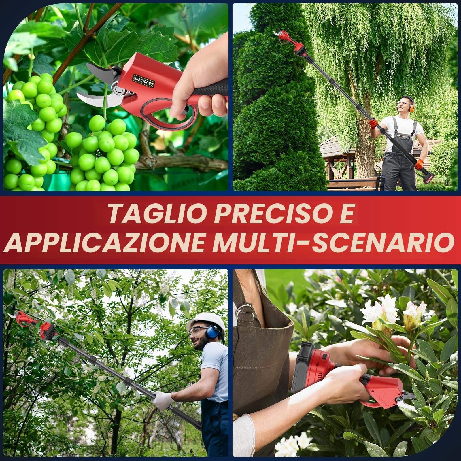 Forbici Potatura a Batteria con Asta 2m, 40 mm Forbice Potatura a Batteria 21V 2 * 2Ah per 8 ore, Portatile Cesoie Potatura per Potatura per Frutteto, Giardino, Parco, Fattoria, Olivo, Giardinaggio