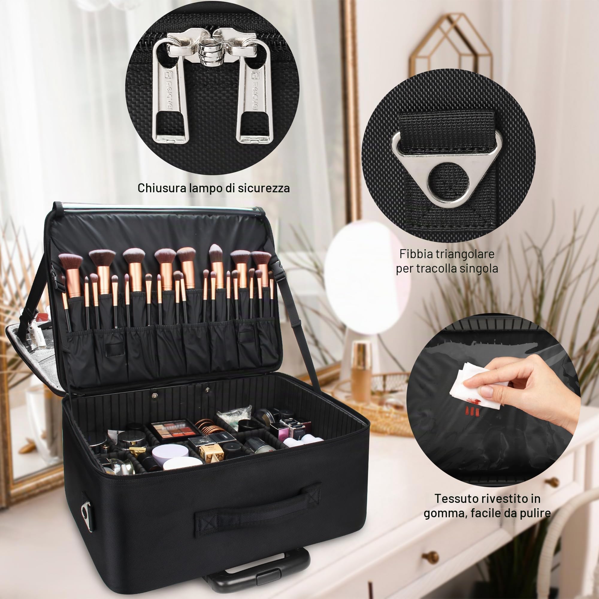 Relavel - Valigetta extra grande da 17,7" per cosmetici con trolley - Valigetta professionale da viaggio per trucco, bellezza, borsa portaoggetti portatile, organizer per cosmetici, donna, scatola per
