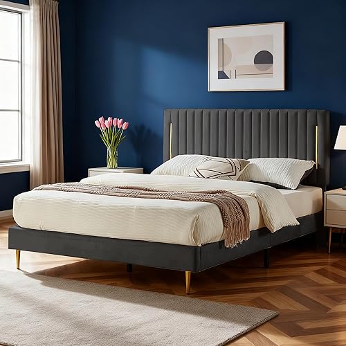 Miniatura 8 de Base de cama de plataforma Queen tapizada de terciopelo con cabecera ajustable de canal vertical, borde chapado en oro, base de colchón con listones