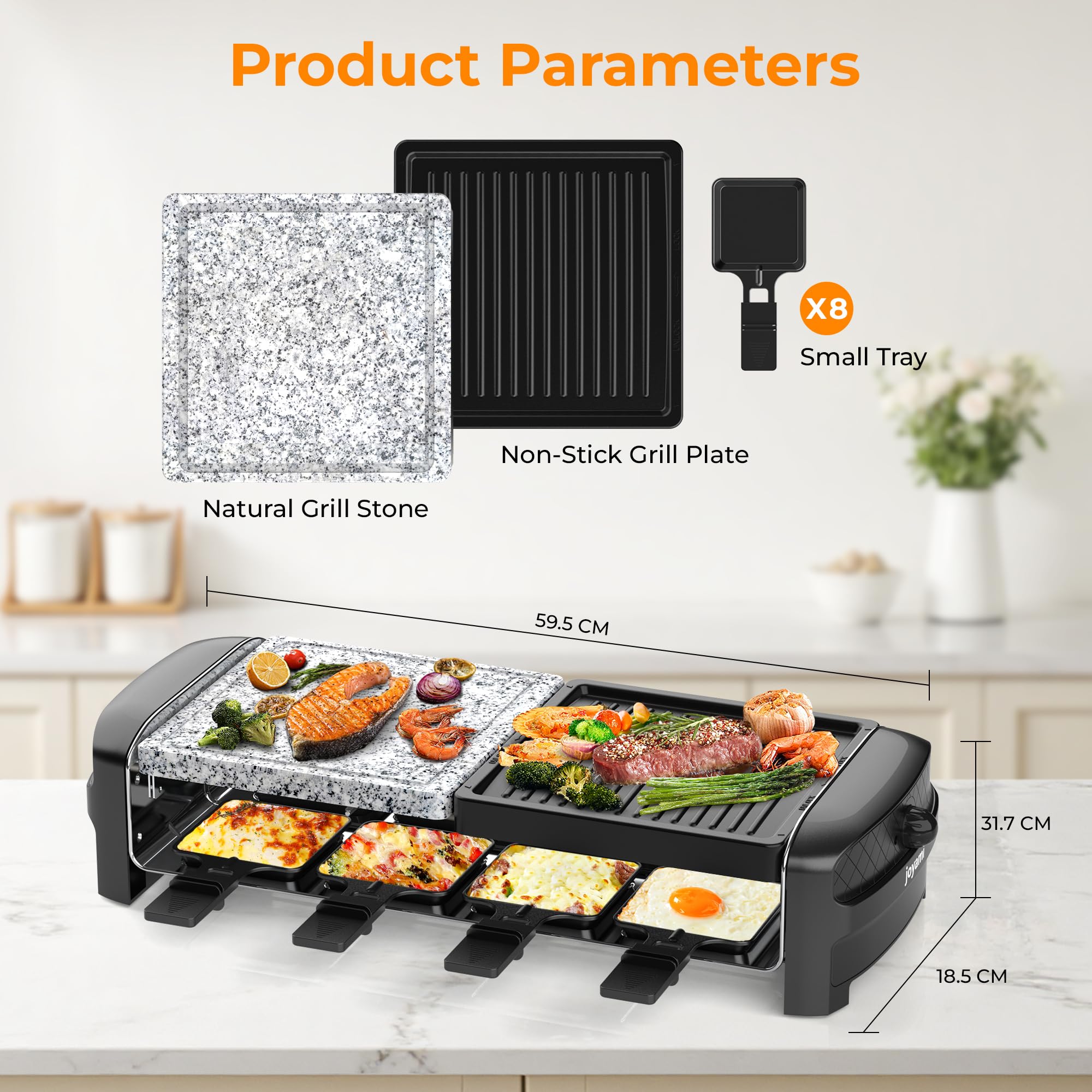 Griglia Elettrica JOYAMI Raclette da Tavolo con Pietra Naturale e Piastra Grill, Raclette con Piastra Antiaderente e 8 Pentolini,Griglia Elettrica per Grigliate Gratinati, Acciaio Inossidabile, 1400 W