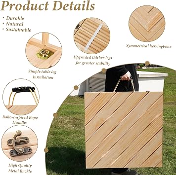 Wooden Folding Picnic Table - 60 x 30 Boho Low Picnic Table with Table Runner, Foldable Table for Indoor Outdoor Camping, Wedding, Beach, Garden, Party(Large Size for 6-8)