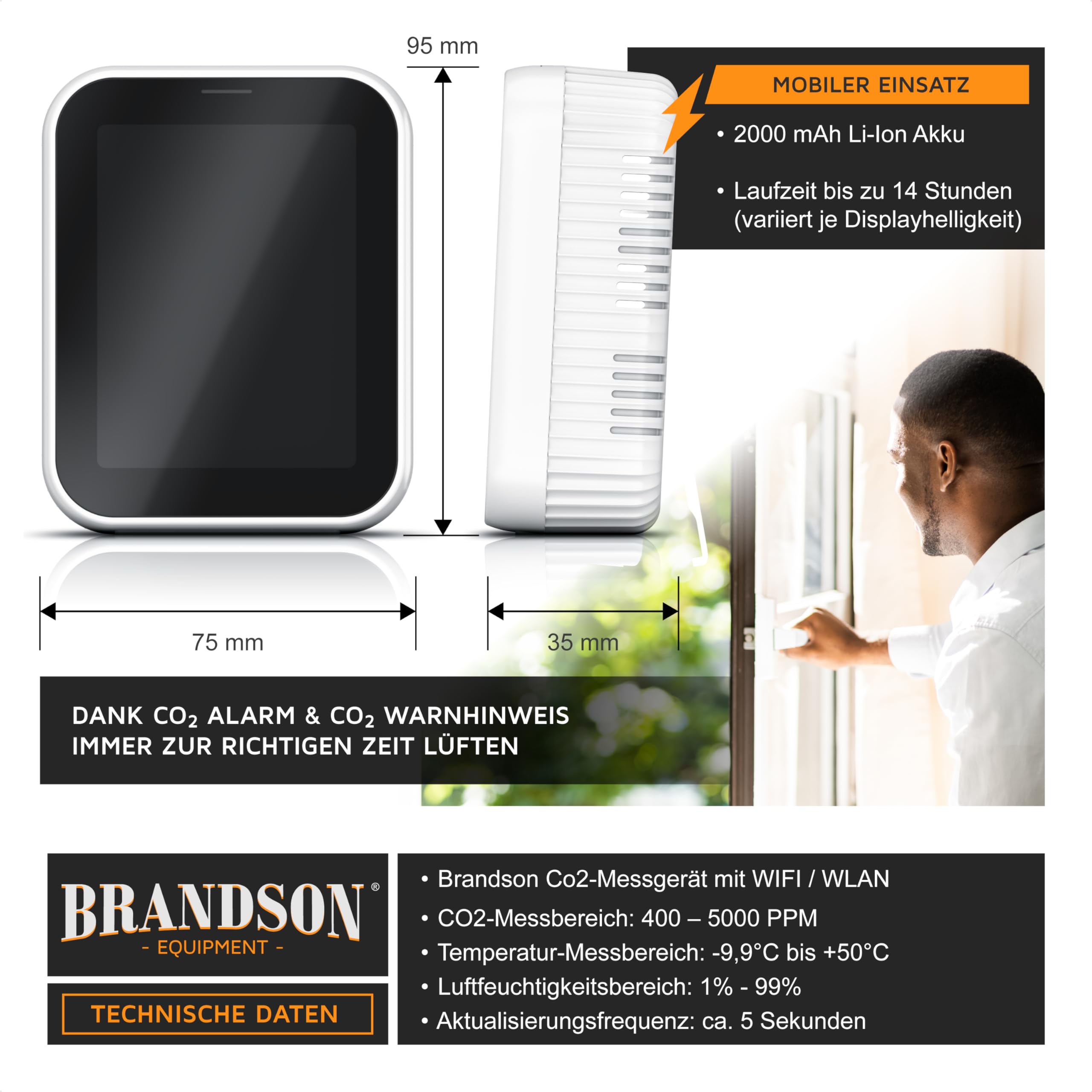 Brandson - Detector de CO2 WiFi - Medidor WiFi Comprobador de Calidad del Aire - Sensor de dióxido de Carbono Medición PPM - Tuya Smart Home - Recomendación de ventilación de Aire - Temperatura