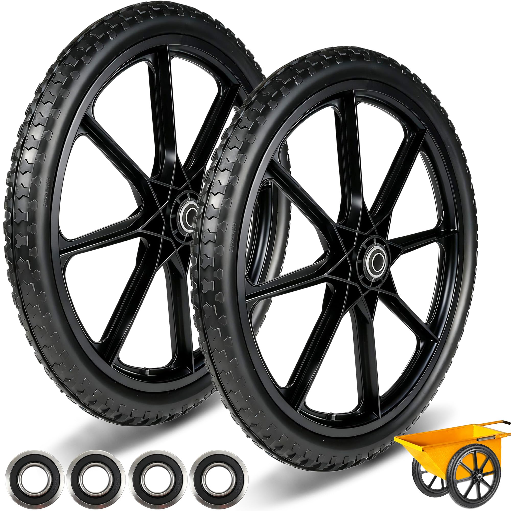 Photo 1 of 20 Inch Flat Free Tire and Wheel - Wheelbarrow Wagon Cart Wheels Replacement with 3/4" & 5/8" Bearing Parts for Yard Lawn Garden and Wheel Barrow Trailer (20" 2 Pack) (20 Inch - 2Pcs)