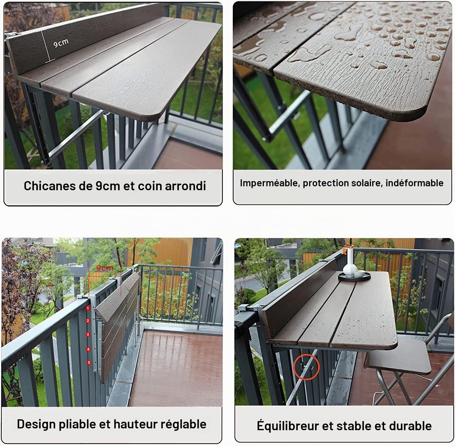 Table de Balcon Rabattable, Table Suspendue avec 5 Hauteurs Réglables pour Extérieur Jardin Terrasse, Table en Profilé D'aluminium Pliante de Garde-Corps