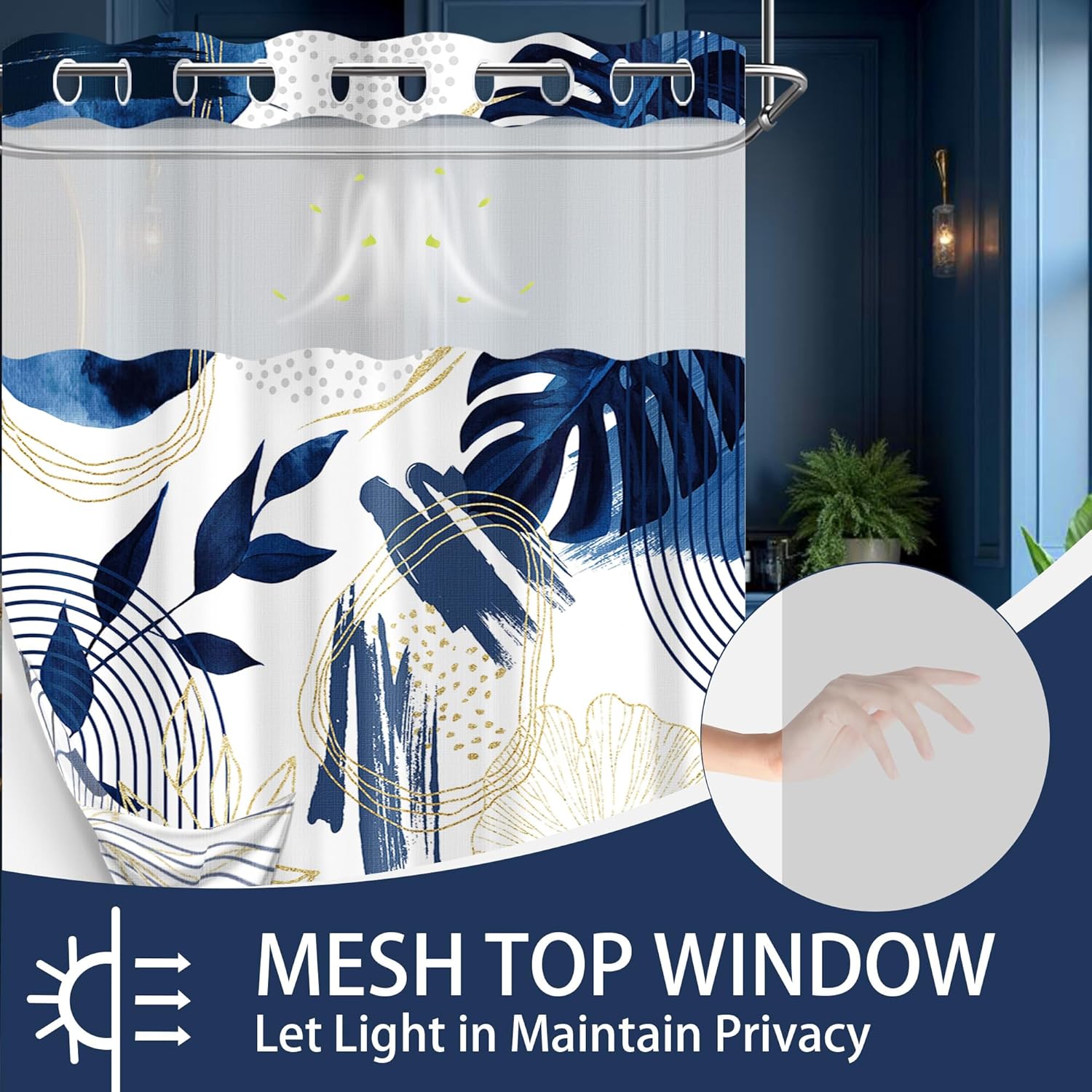 Navy Blue Hookless Shower Curtain with Snap in Liner, White and Dark Blue Leaf No Hook Double Layer Shower Curtain and Liner Set, Ringless with Window Waterproof Cloth Fabric, 71" W x 80" L