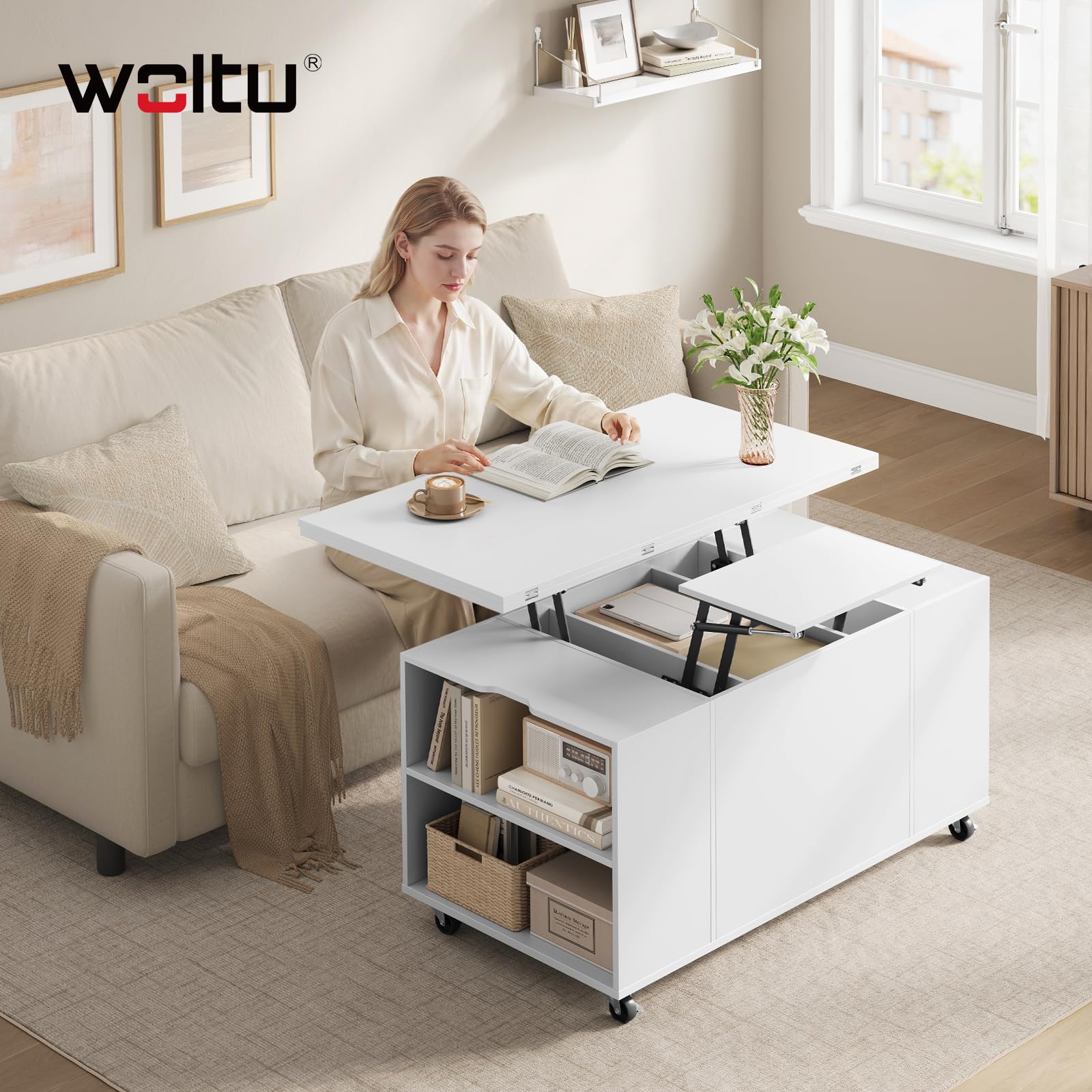 WOLTU Mesa de Centro con Tapa Elevable y Ruedas, Mesa Extensible y de Altura Regulable con Doble Tapa Elevable, Cajón y Compartimentos de Almacenamiento, para Salón u Oficina, Blanco