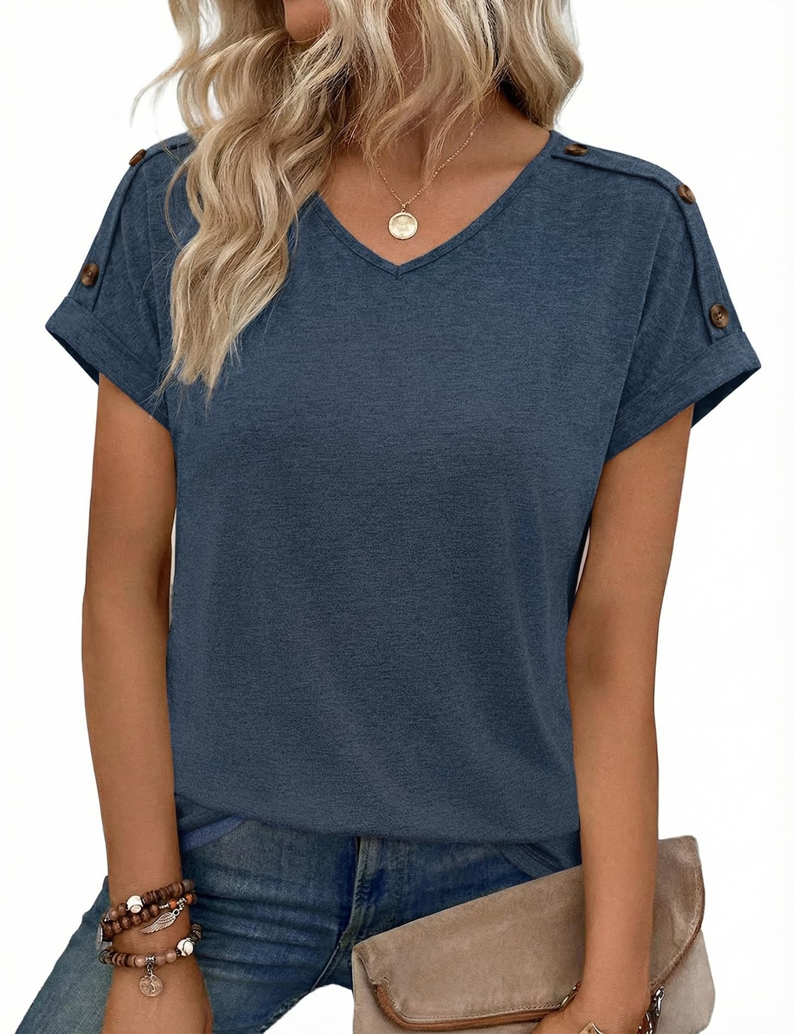 Totatuit Damen T-Shirt Kurzarm V-Ausschnitt Locker Sitzendes Oberteil Casual Lässig Shirts Sommer Elegant Blusen Basic Top