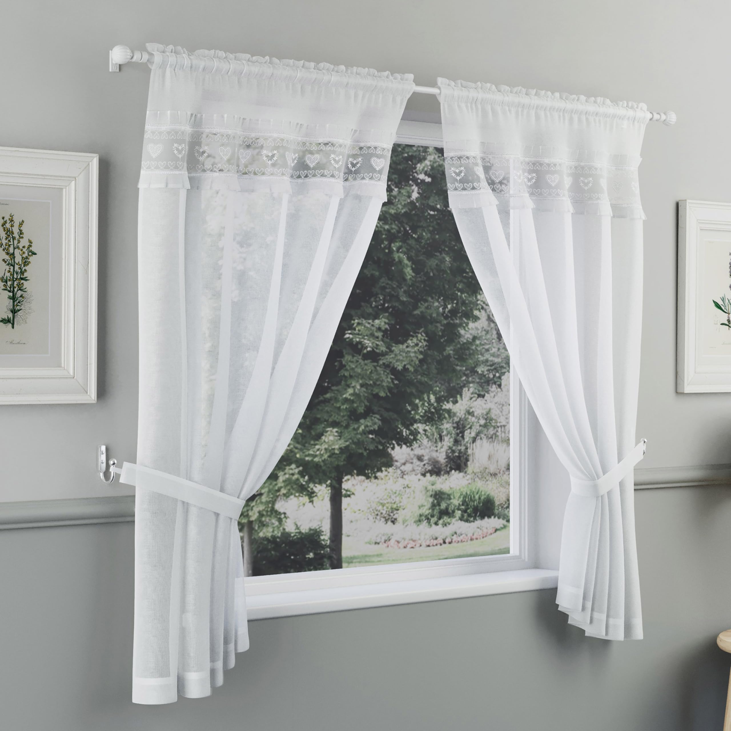 Tyrone Textiles Lucy Embroidered Heart Kitchen Curtain Pair with Frill - Black - 36" (91cm)