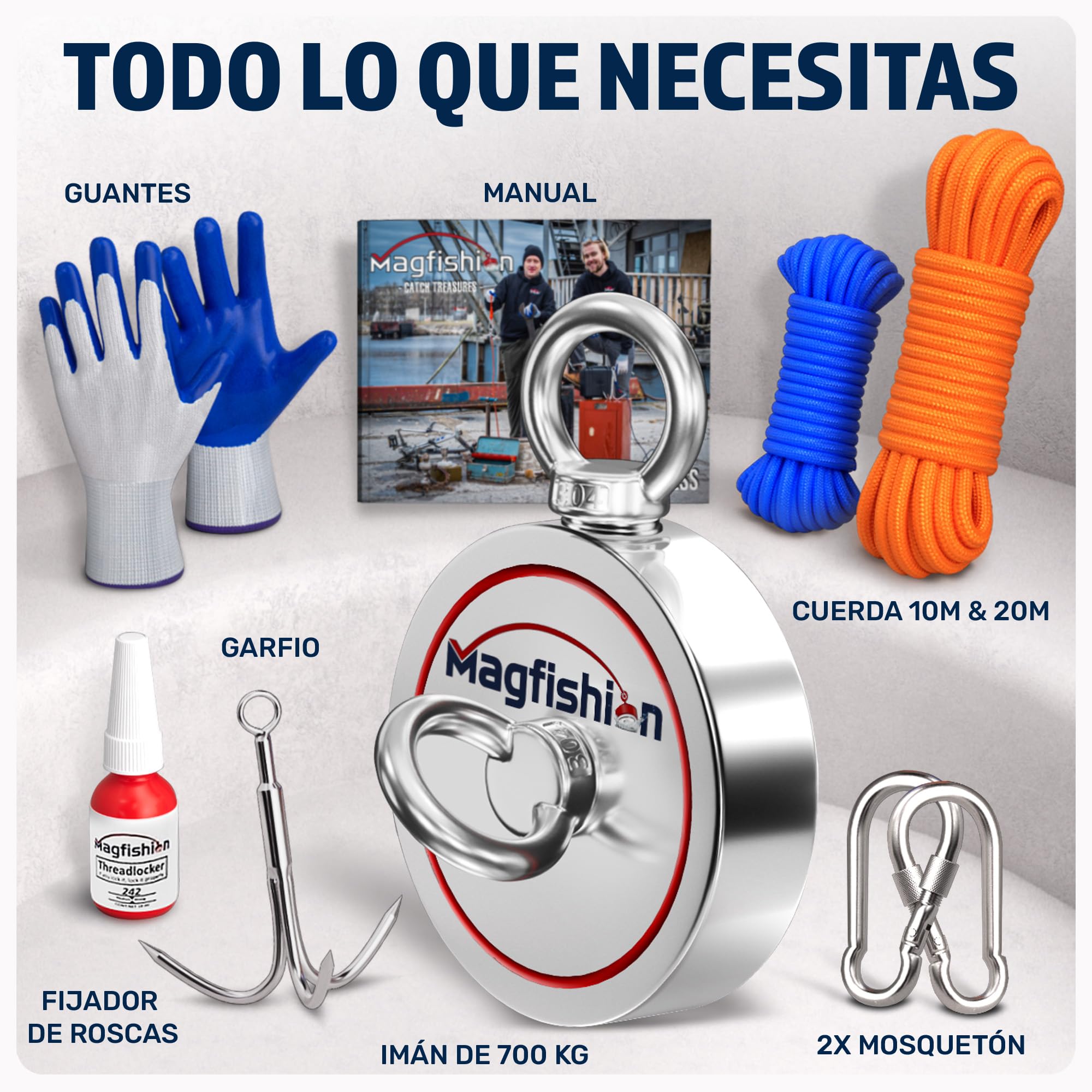 MAGFISHION Juego de Pesca Magnética - Fuerza de Atracción 700KG (2x 350KG) - Ø94mm - Imanes Neodimio Potentes con 2 Cuerdas, Gancho de Grapa y Guantes- Iman de Neodimio
