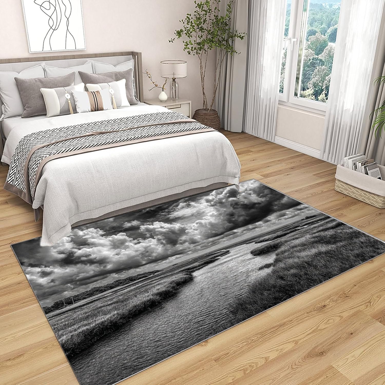 Kolorowy drukowany dywan do salonu rzeka pod chmurami do łazienki, kuchni (czarno-biały)-120x180cm