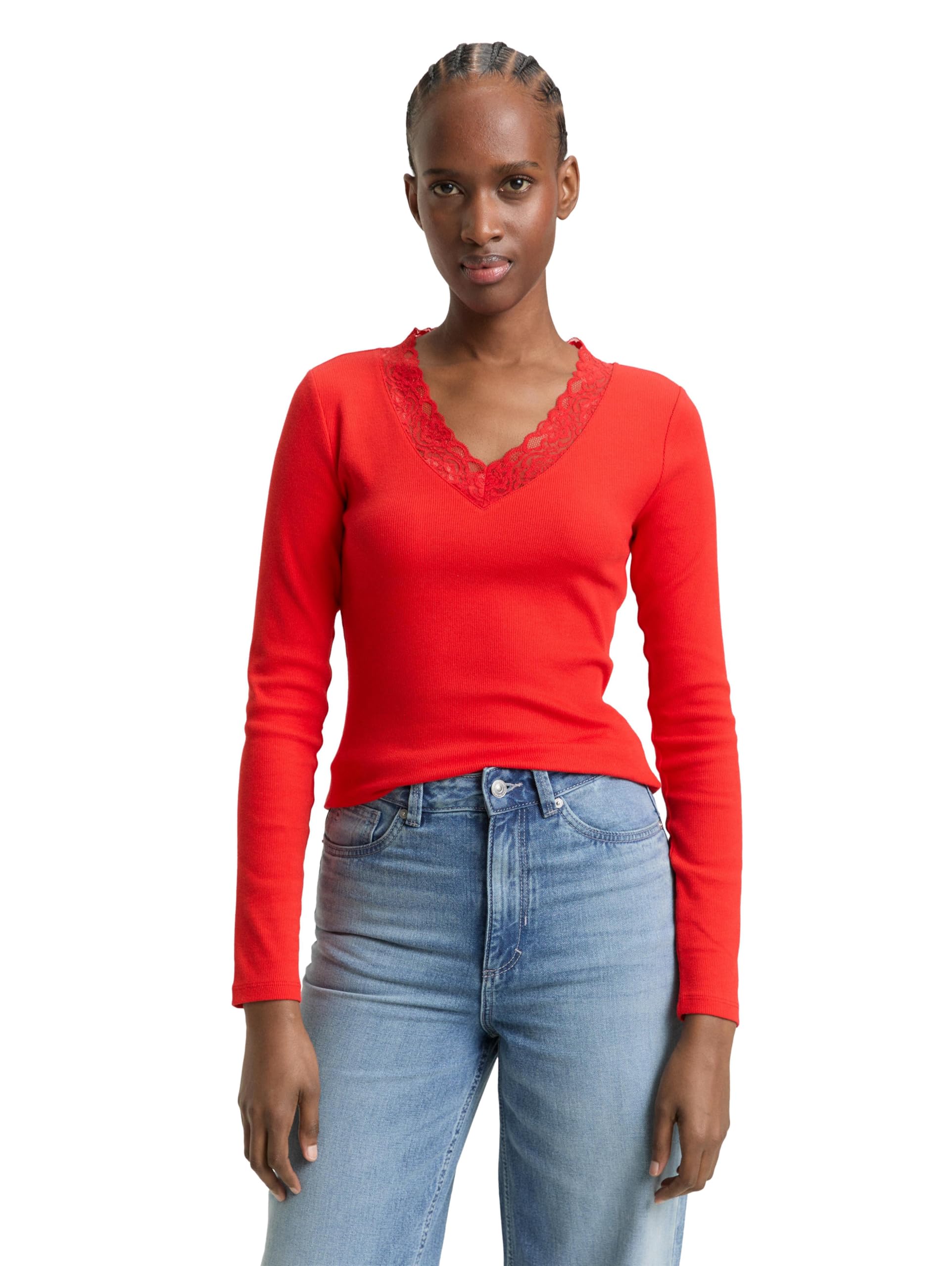 TOM TAILOR Denim Damen 1051662 Langarmshirt mit Spitze