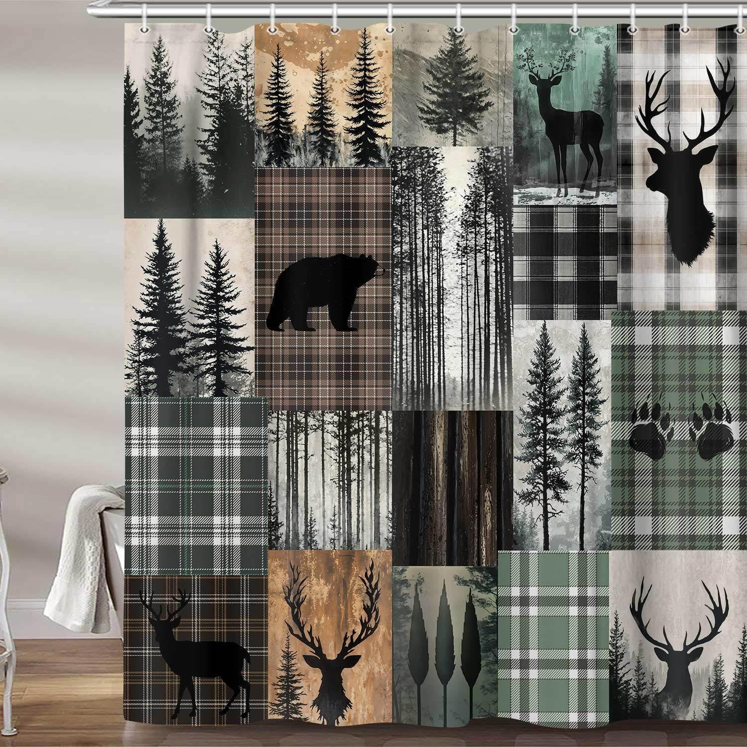 MERCHR Rustic Cabin Shower Curtain, Camping Bear Deer Country Hunting Wild Animal Teal Shower Curtains for Bathroom, Farmhouse Rustic Fabric Restroom Decor Accessories with Hooks 72X75 Inch