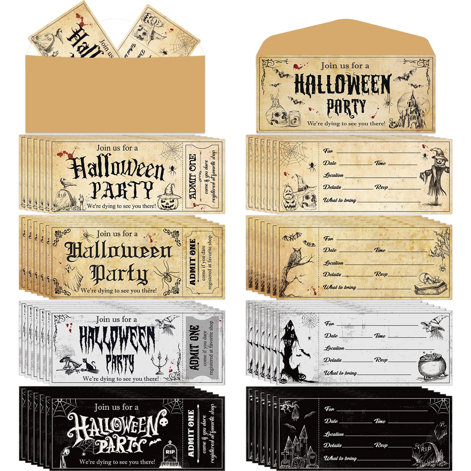 gisgfim 80PCS Halloween Party Invitations with Envelopes Vintage Halloween Fill In Black Invites Scary Skull Invitations Horror Halloween Party Ticket