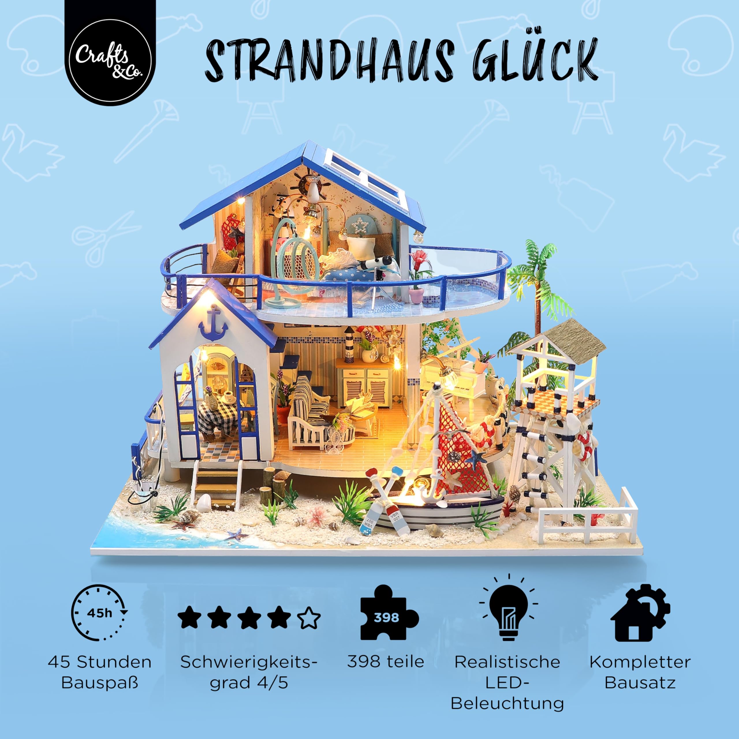 Crafts&Co® Miniatur Strandhaus | DIY Papiermodell | Detailliertes Bastelprojekt für Anfänger | 398 Teile | Bastelspaß für Jung und Alt | Mehrfarbig
